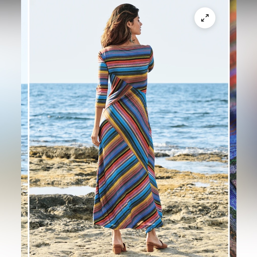 Peruvian Connection Sonora Sunrise Striped 3/4 Sleeve Maxi Dress Small - Picture 2 of 11